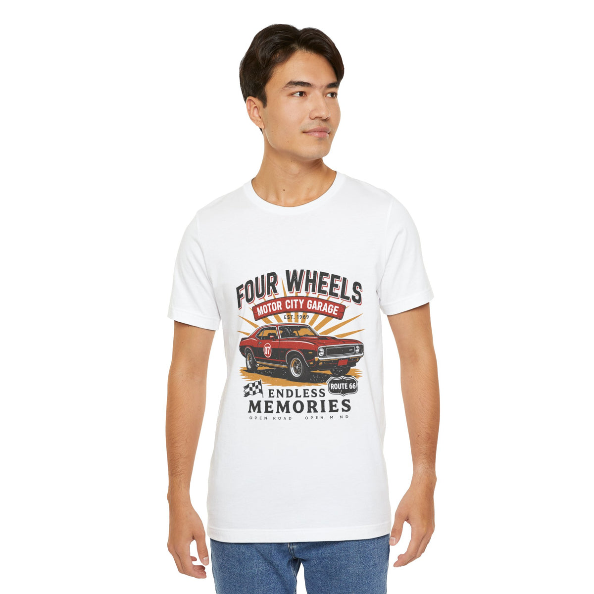 Vintage Muscle Car Tee — “Four Wheels Motor City Garage: Endless Memories” by Printify