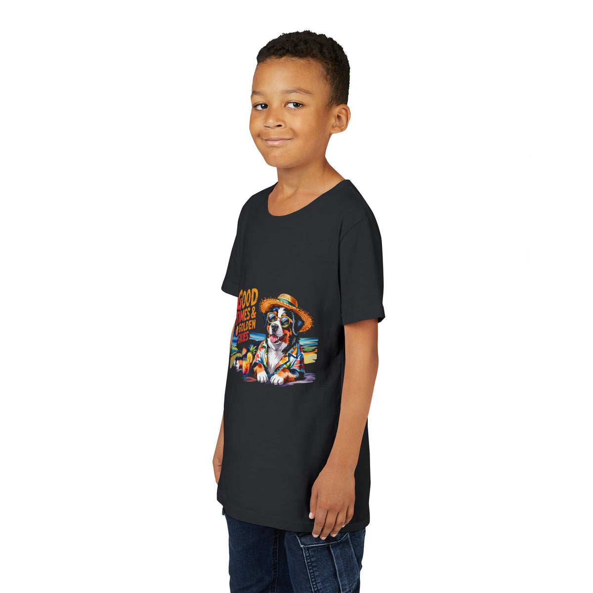 Youth Tee-'Good Times & Golden Skies' Beach Dog Graphic Unisex T-Shirt by Printify