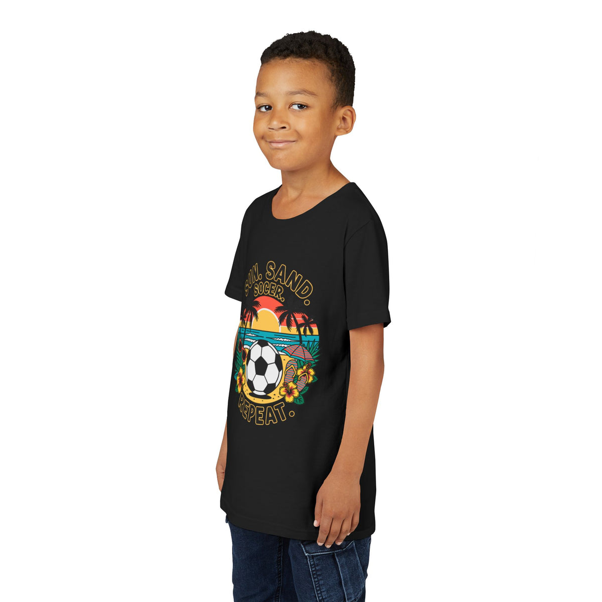 Youth Tee-Sun, Sand, Soccer, Repeat (Beach Soccer Graphic) Unisex T-Shirt by Printify