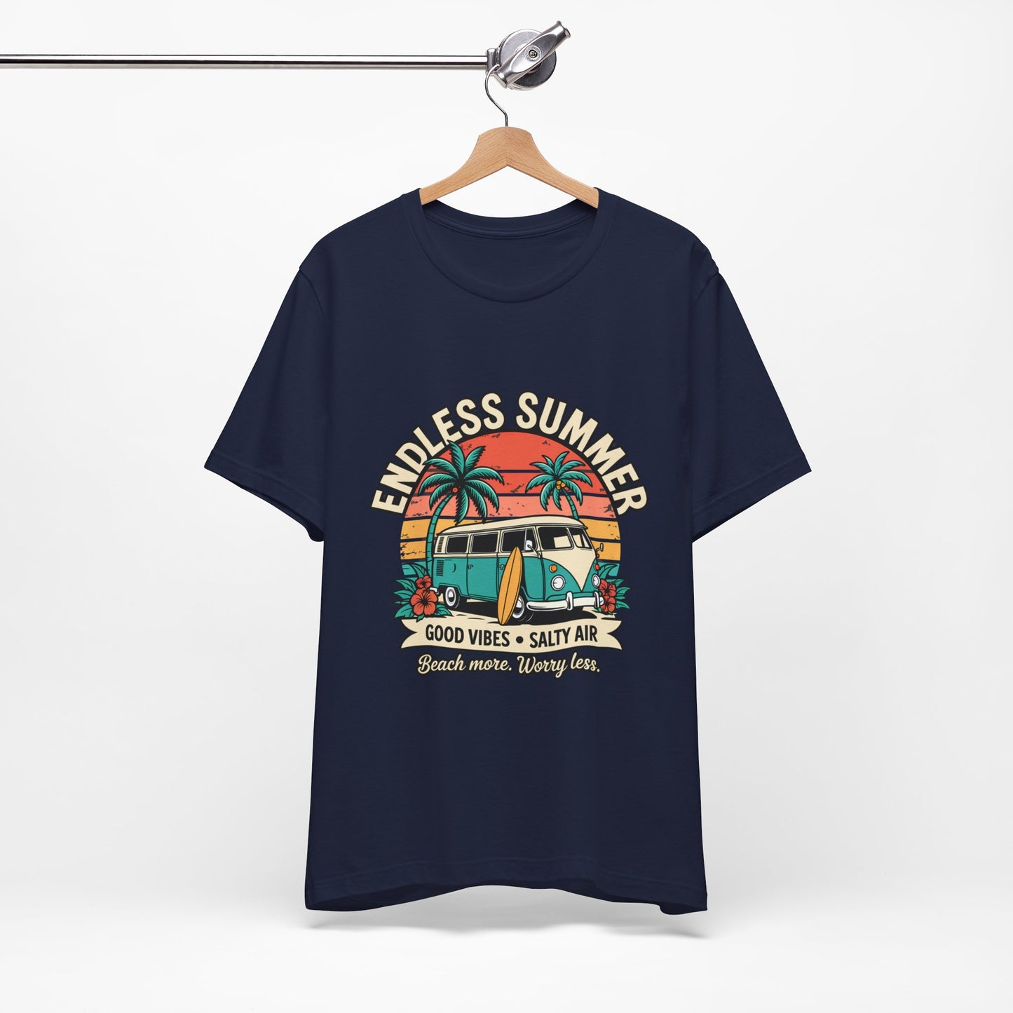 Endless Summer T‑Shirt-Vintage Surf Van "Good Vibes • Salty Air" Unisex T-Shirt by Printify