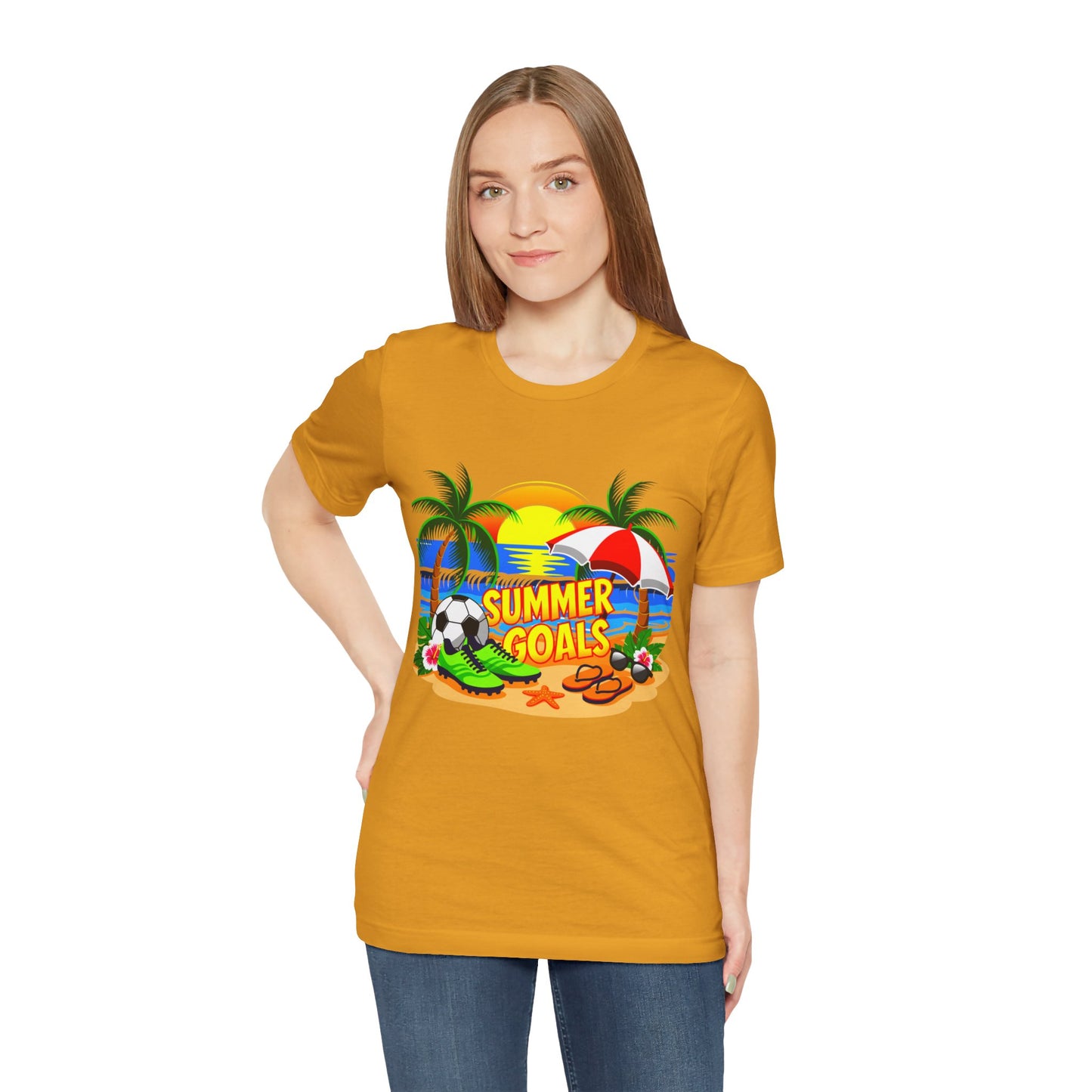 Summer Goals Beach Tee-Tropical Soccer & Sunshine Graphic Unisex T-Shirt by Printify