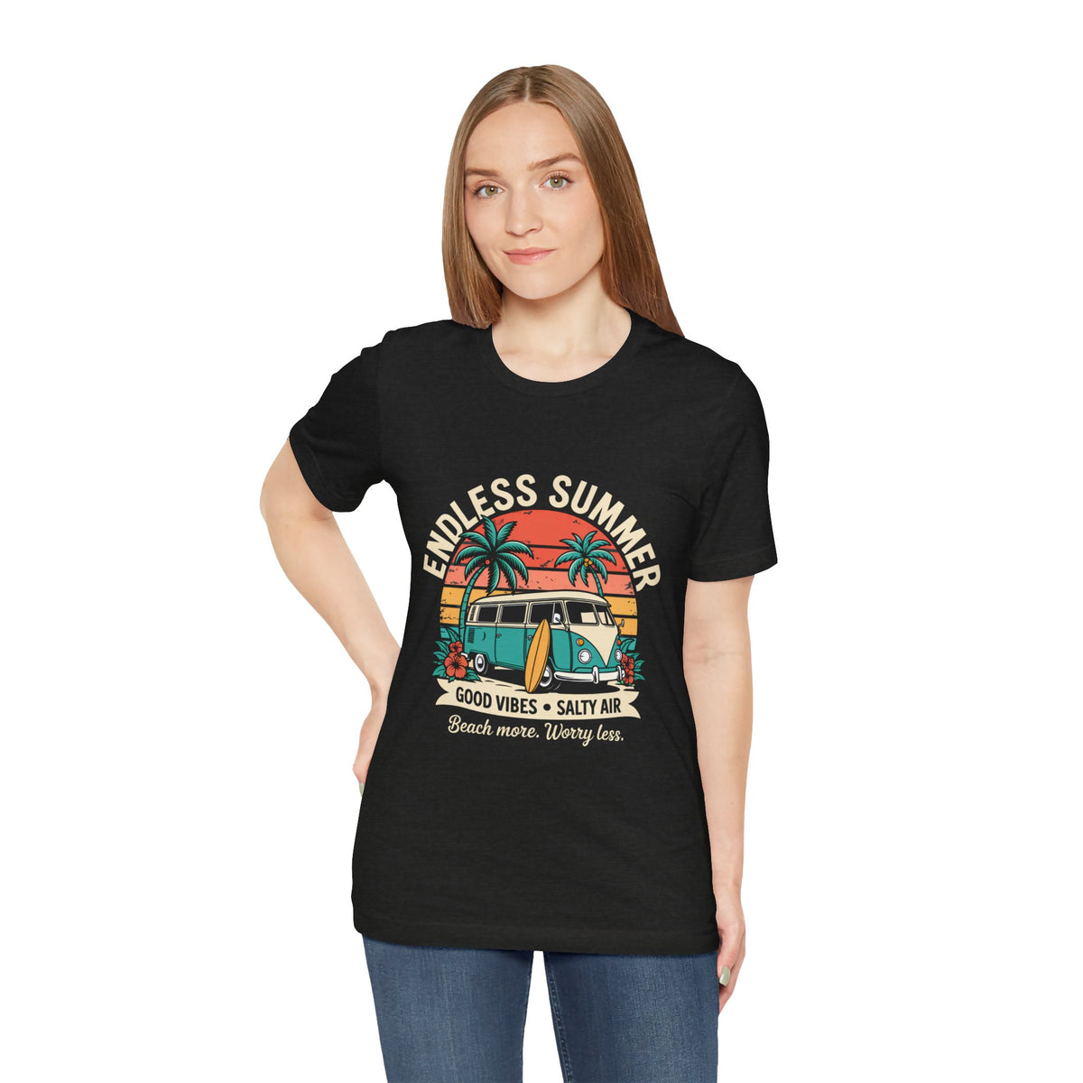 Endless Summer T‑Shirt-Vintage Surf Van "Good Vibes • Salty Air" Unisex T-Shirt by Printify