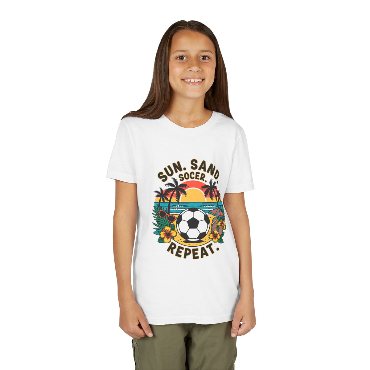 Youth Tee-Sun, Sand, Soccer, Repeat (Beach Soccer Graphic) Unisex T-Shirt by Printify