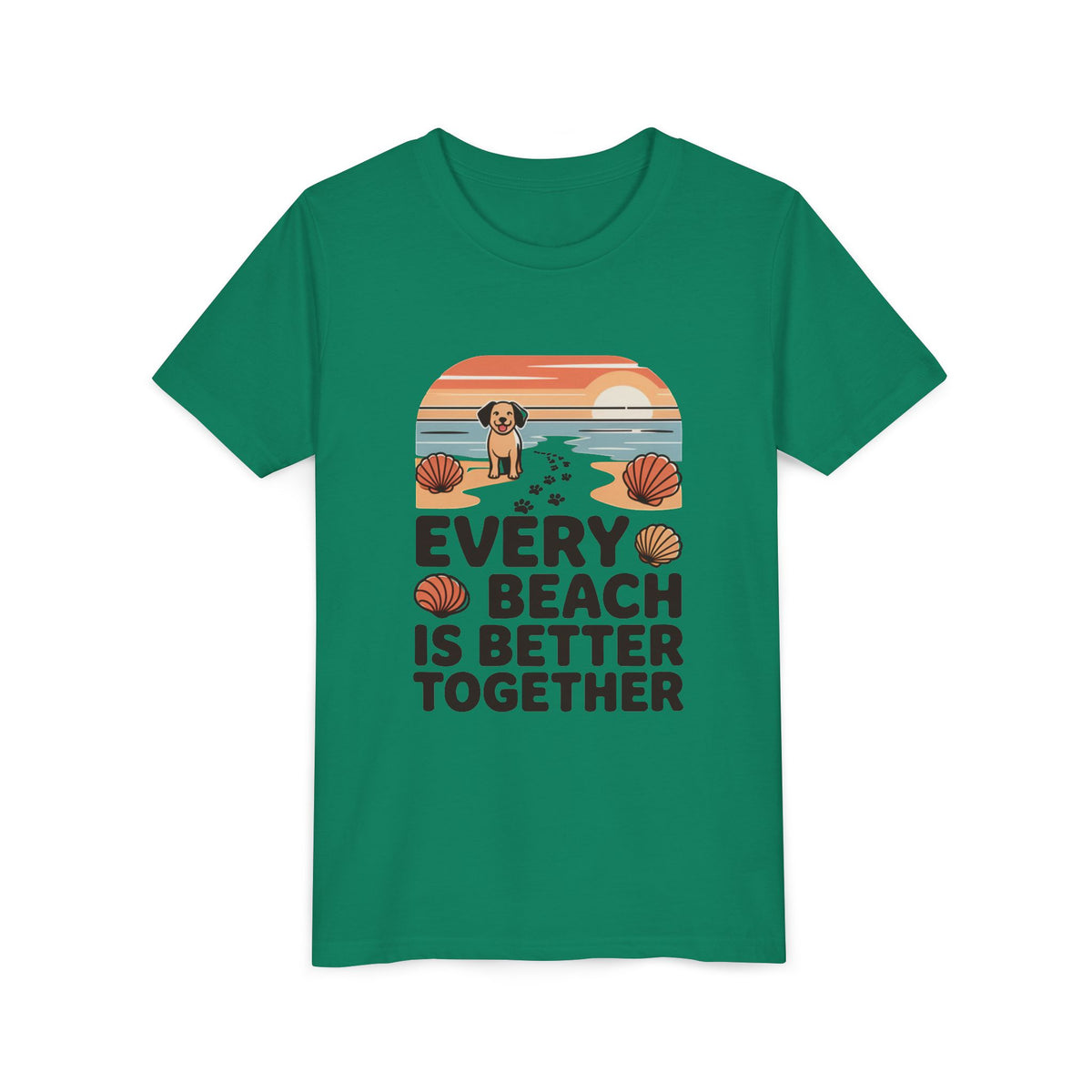Youth Tee-“Every Beach Is Better Together” Dog Beach Graphic Unisex T-Shirt by Printify