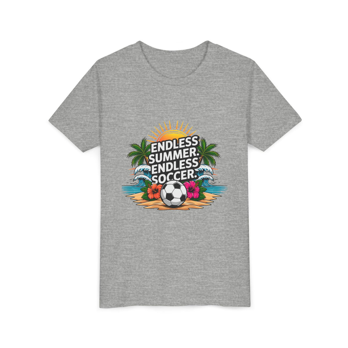 Youth Tee-"Endless Summer, Endless Soccer" Tropical Soccer Graphic Unisex T-Shirt by Printify