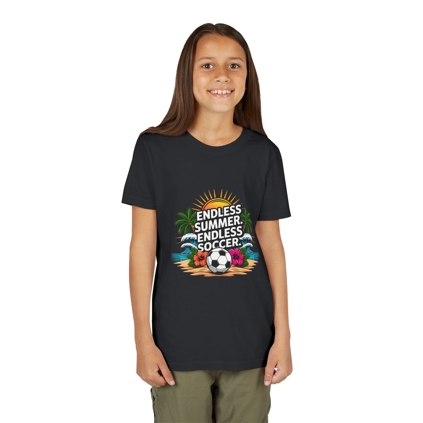 Youth Tee-"Endless Summer, Endless Soccer" Tropical Soccer Graphic Unisex T-Shirt by Printify