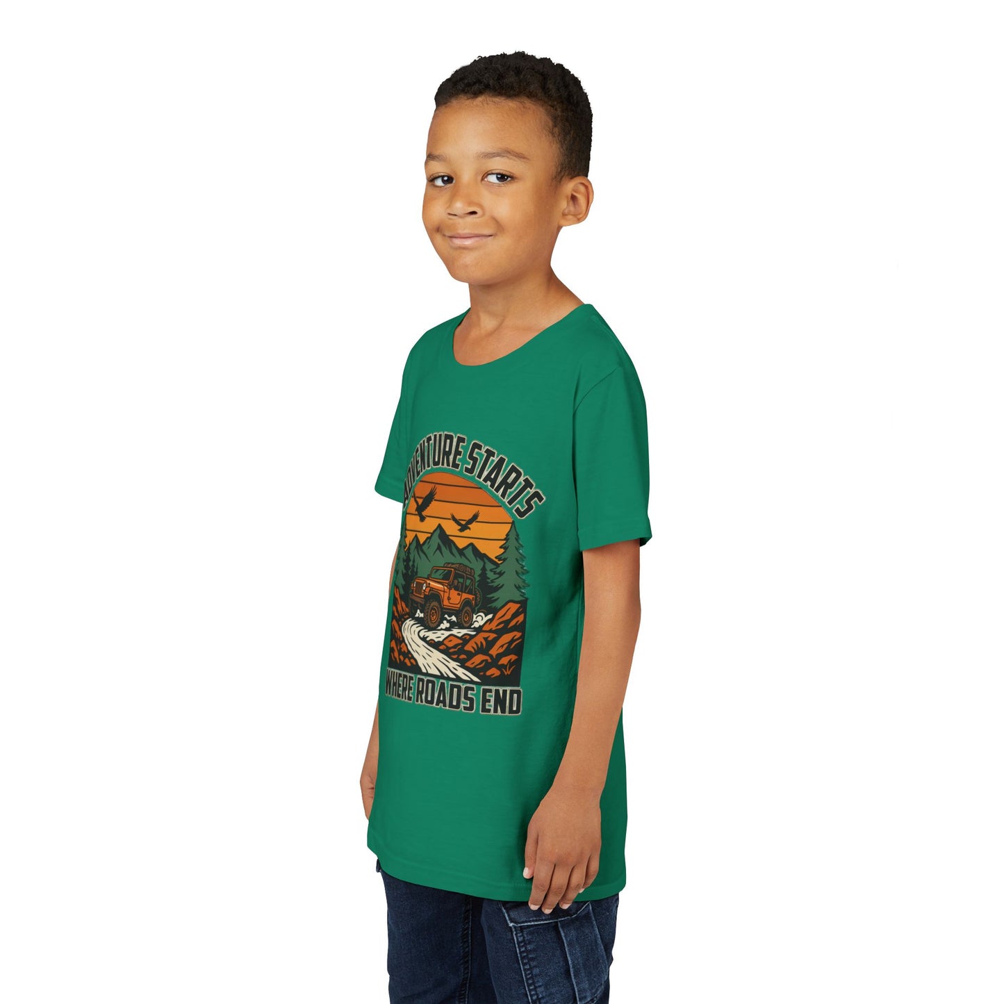Youth Tee - Adventure Starts Where Roads End Off-Road Jeep Graphic Unisex T-Shirt by Printify
