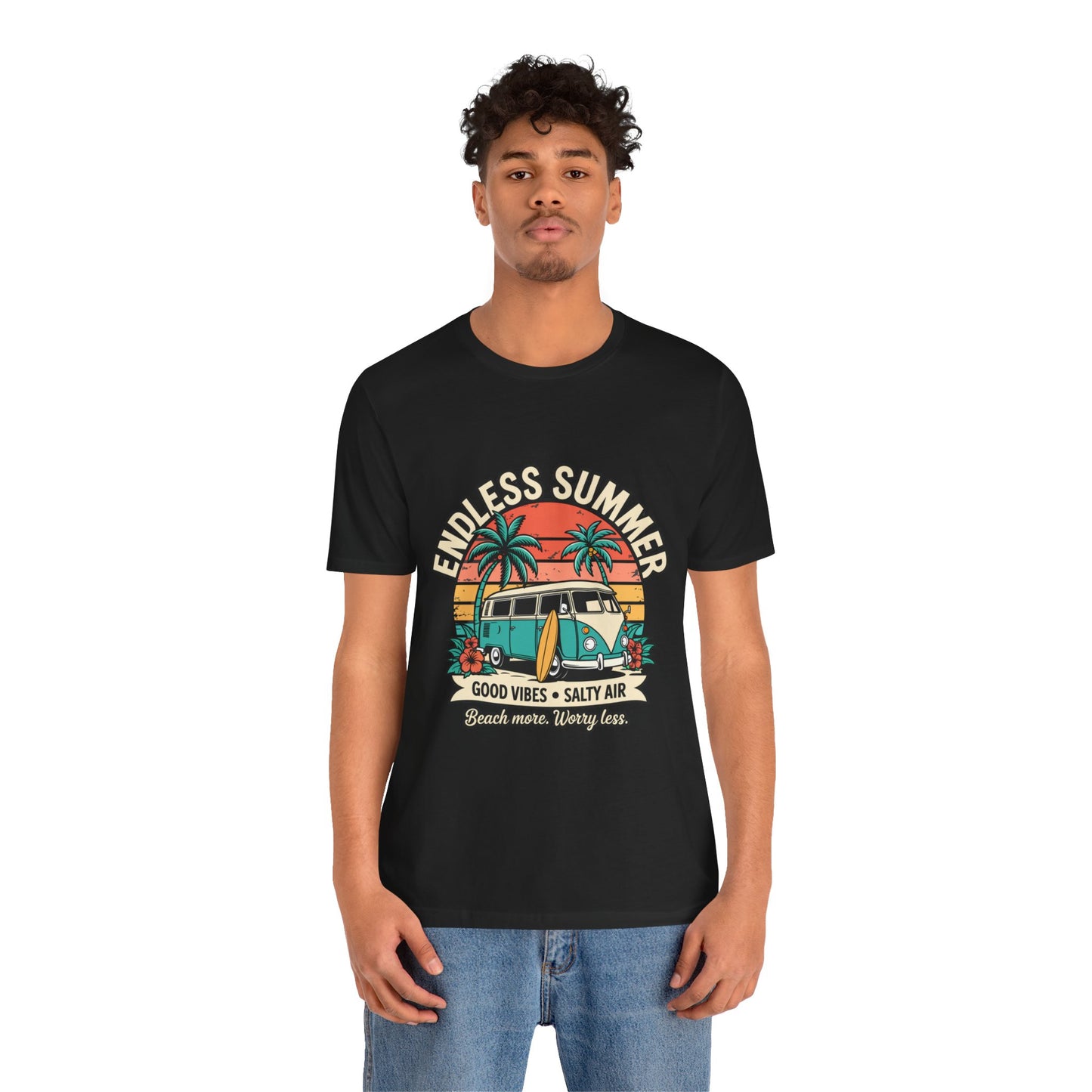 Endless Summer T‑Shirt-Vintage Surf Van "Good Vibes • Salty Air" Unisex T-Shirt by Printify