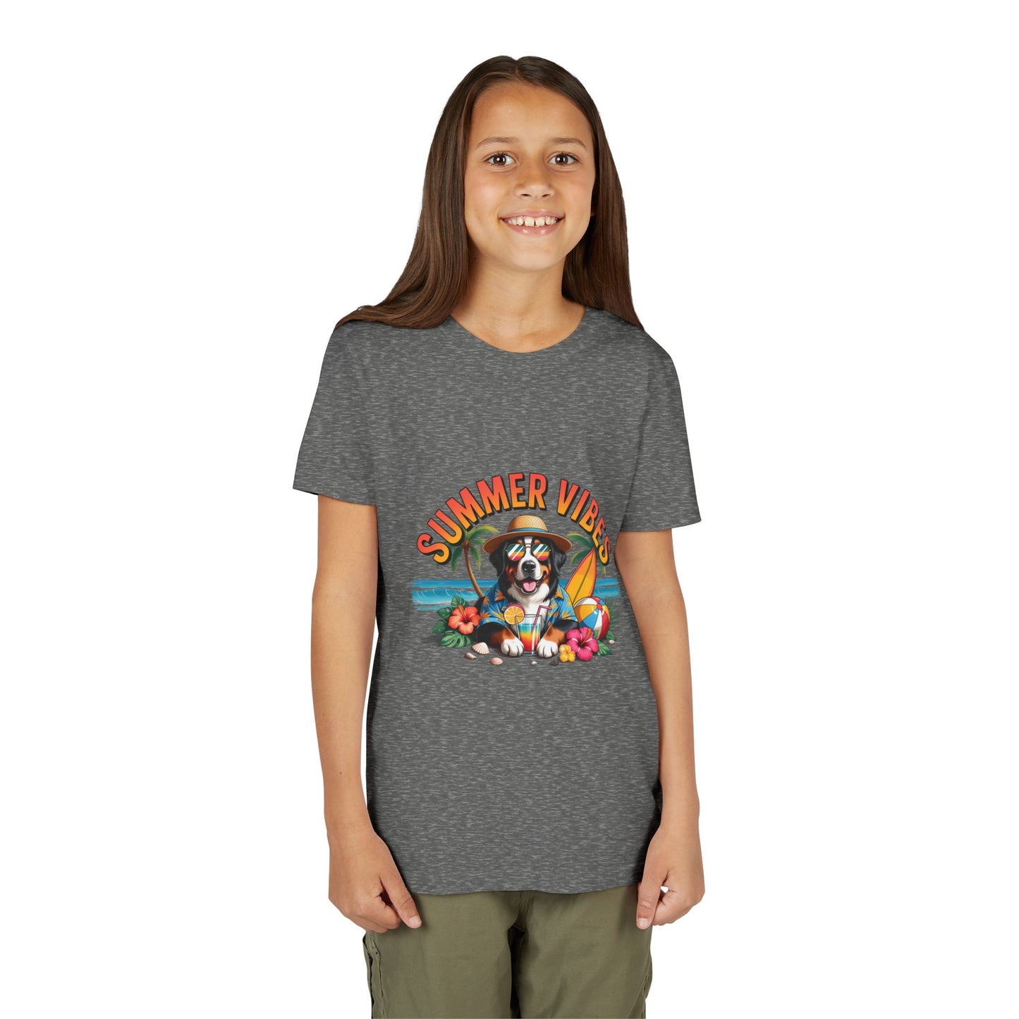 Youth Tee-"Summer Vibes" Dog Surfing Design Unisex T-Shirt by Printify