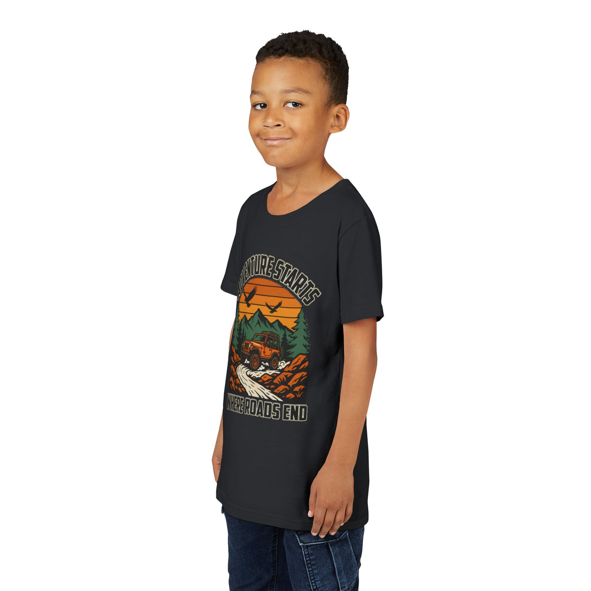 Youth Tee - Adventure Starts Where Roads End Off-Road Jeep Graphic Unisex T-Shirt by Printify