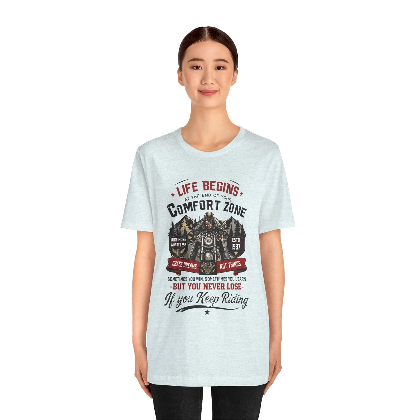 Motorcycle Rider Tee — "Life Begins at the End of Your Comfort Zone" Inspirational Biker Unisex T-Shirt by Printify