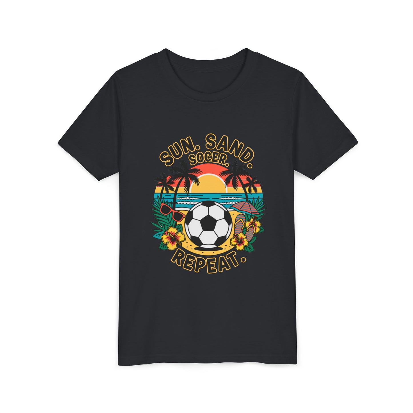 Youth Tee-Sun, Sand, Soccer, Repeat (Beach Soccer Graphic) Unisex T-Shirt by Printify