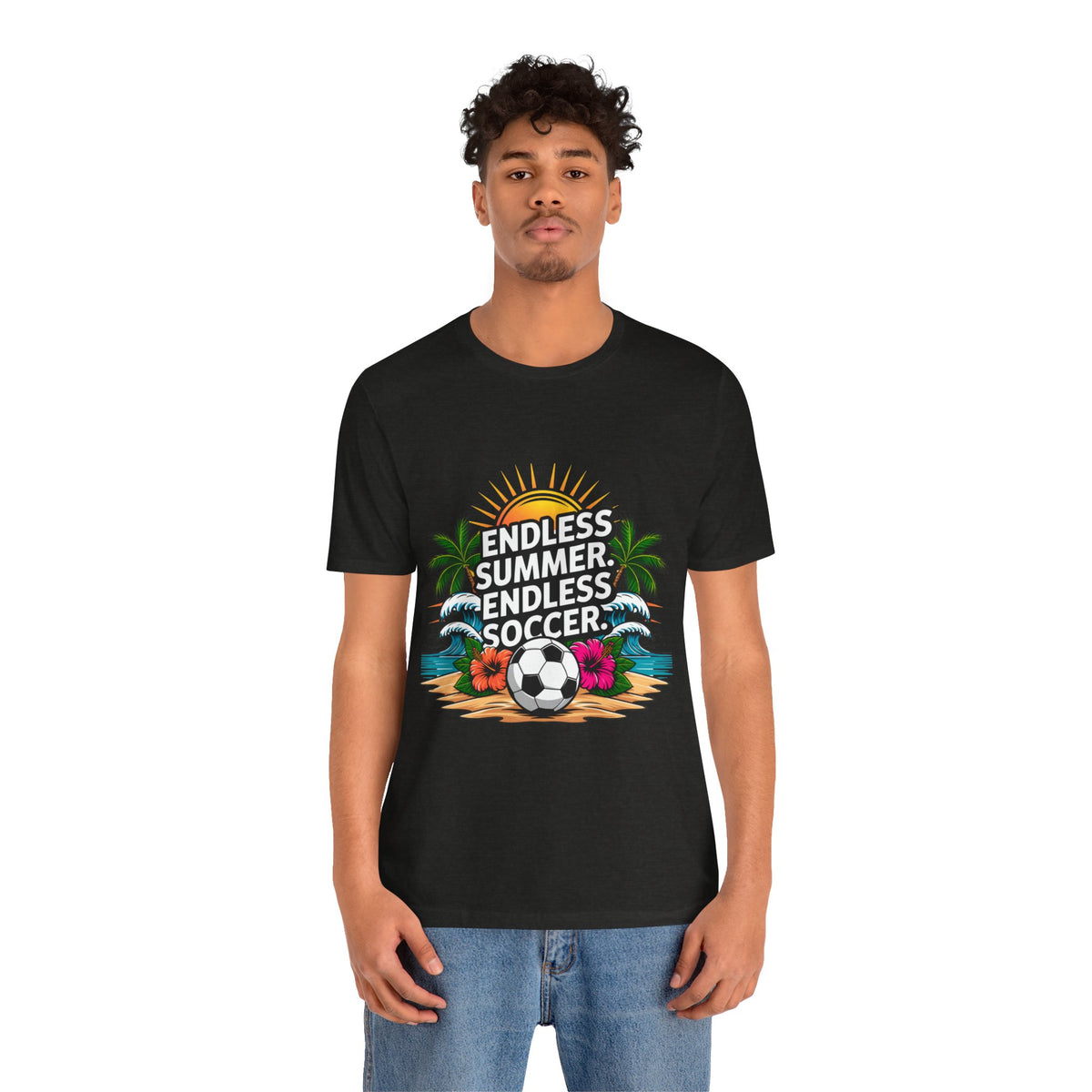 Endless Summer, Endless Soccer T-Shirt-Tropical Beach Soccer Unisex T-Shirt by Printify