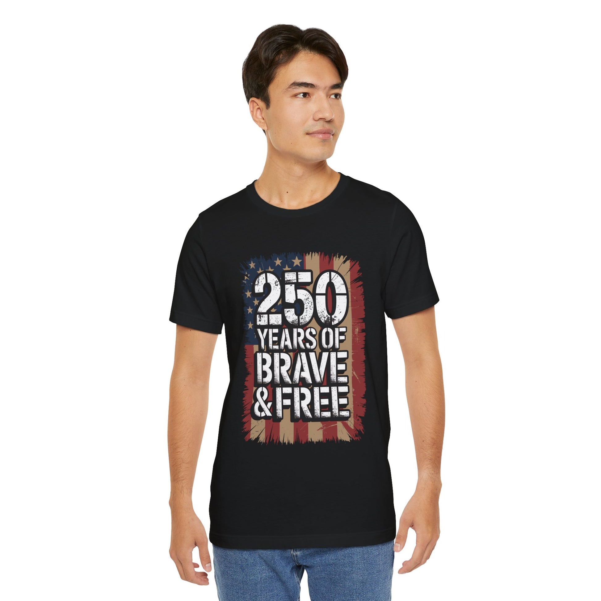 250 Years of Brave & Free Distressed American Flag Unisex T-Shirt by Printify