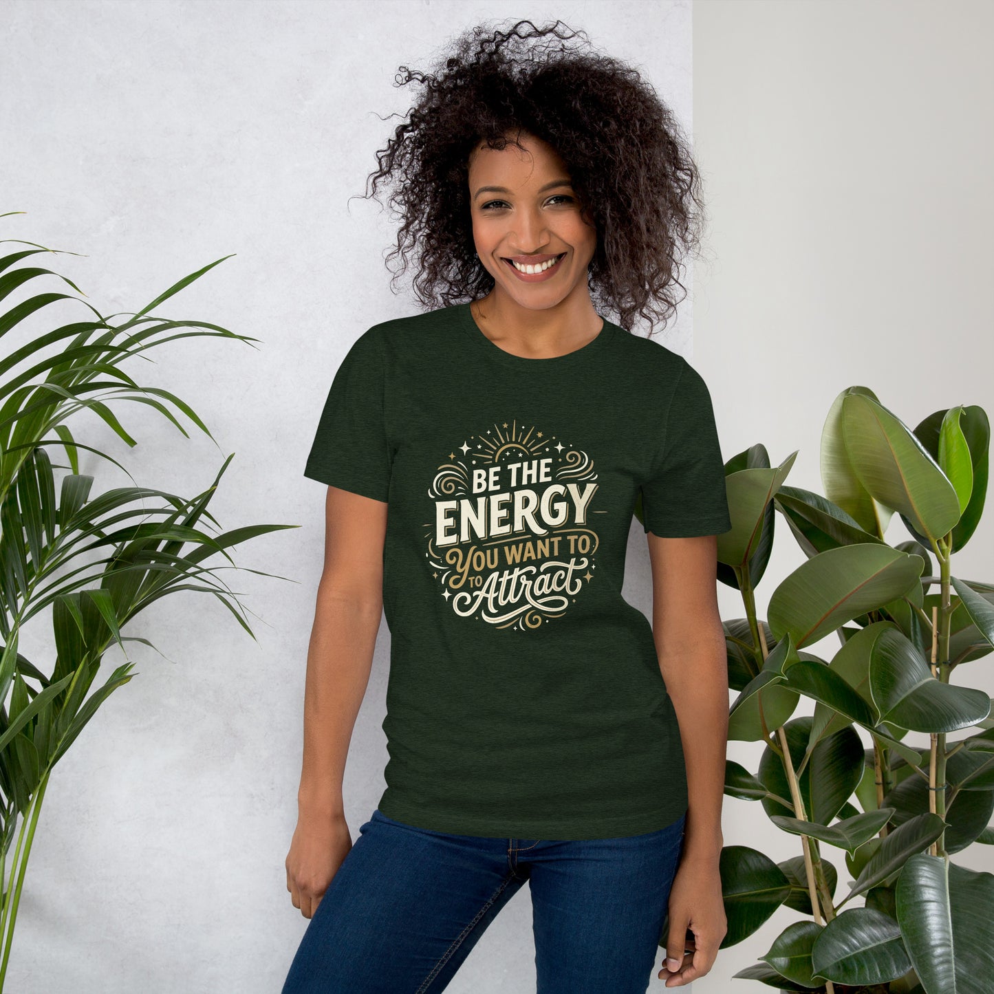 Women's inspirational cotton t-shirt reading Be the Energy You Want to Attract, mindset graphic tee