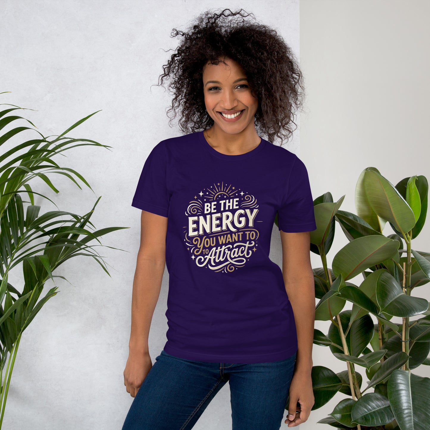 Women's inspirational cotton t-shirt reading Be the Energy You Want to Attract, mindset graphic tee