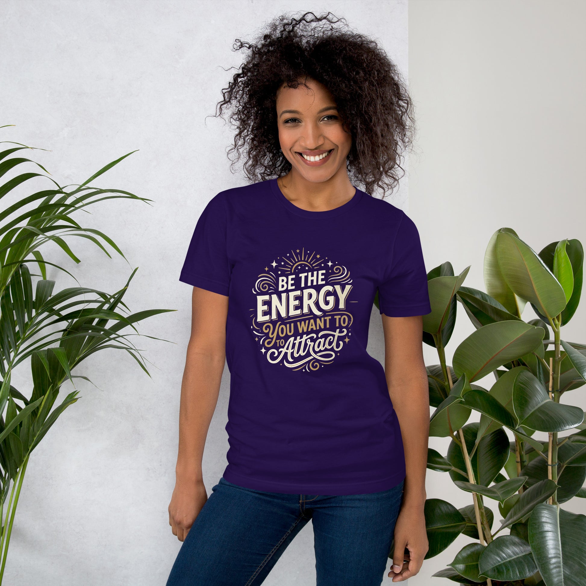 Women's inspirational cotton t-shirt reading Be the Energy You Want to Attract, mindset graphic tee