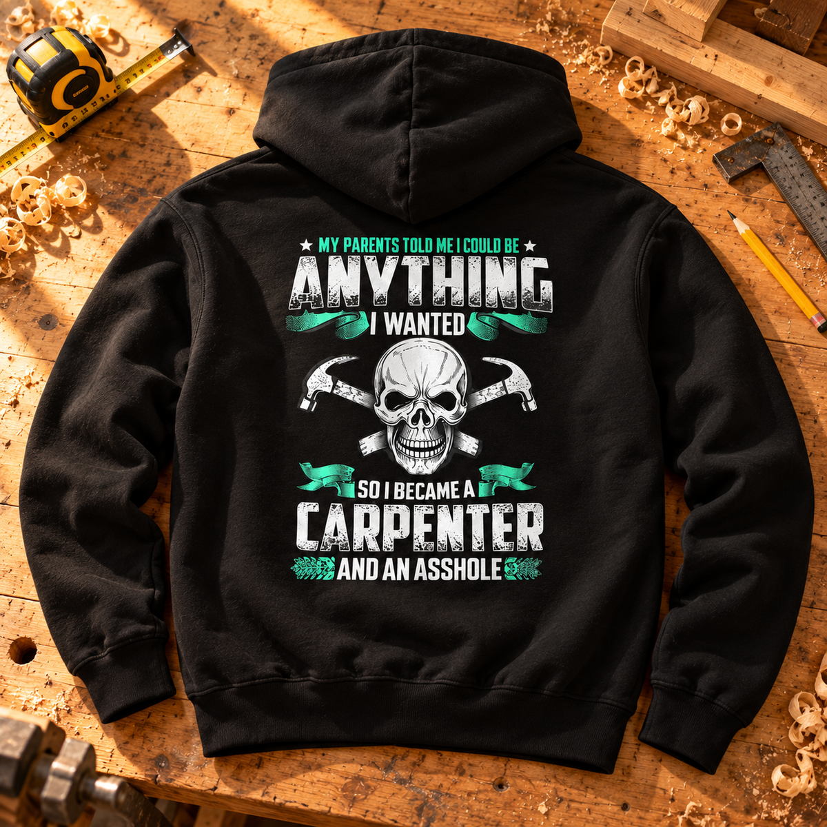 Funny Carpenter Unisex Hoodie, Skull and Crossed Hammers Graphic Pullover Hoodie, Carpenter Workwear Gift