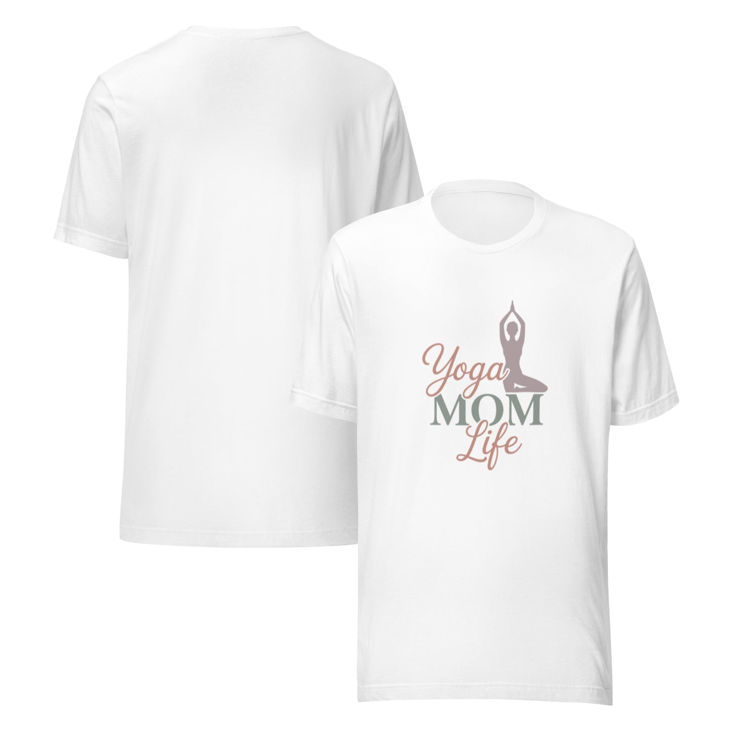 White women's t-shirt with Yoga Mom Life graphic design, soft cotton tee for moms who love yoga