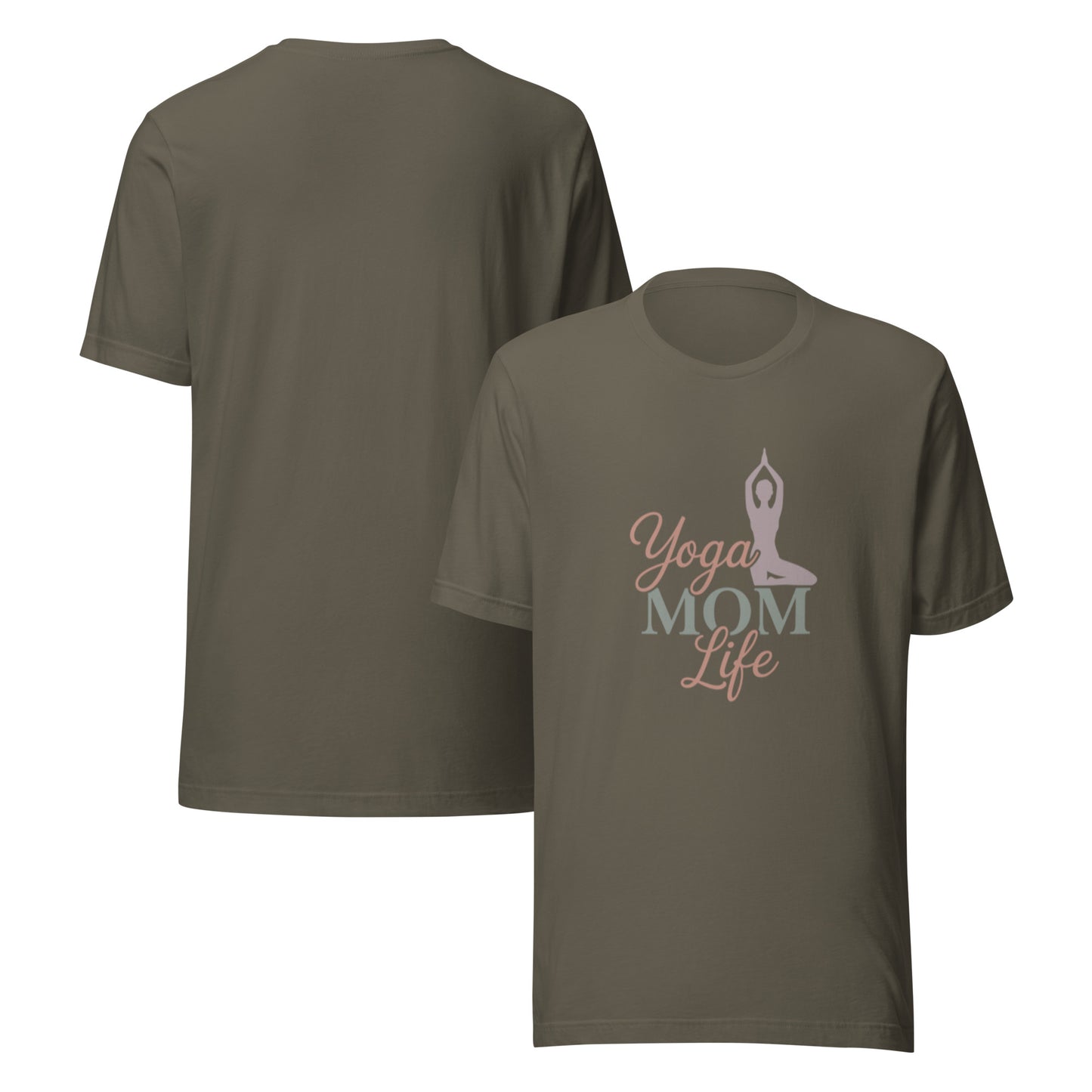White women's t-shirt with Yoga Mom Life graphic design, soft cotton tee for moms who love yoga