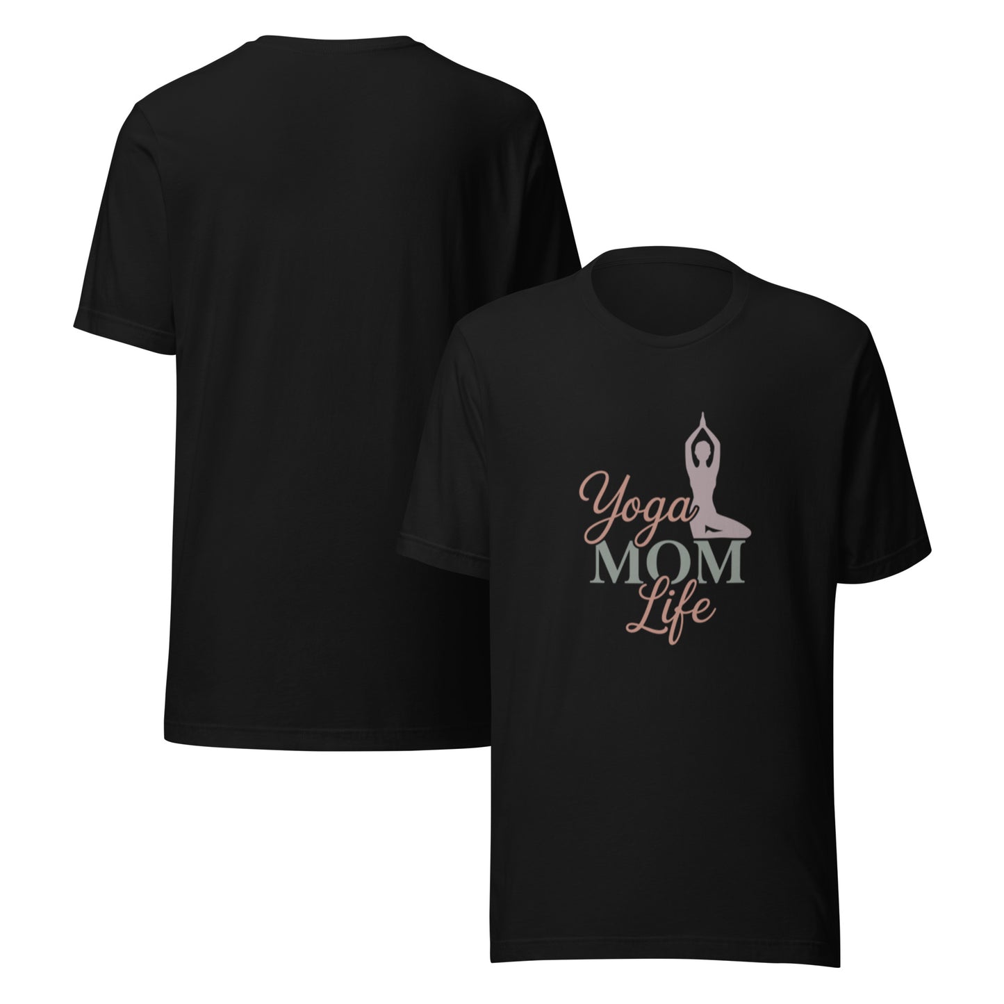 White women's t-shirt with Yoga Mom Life graphic design, soft cotton tee for moms who love yoga