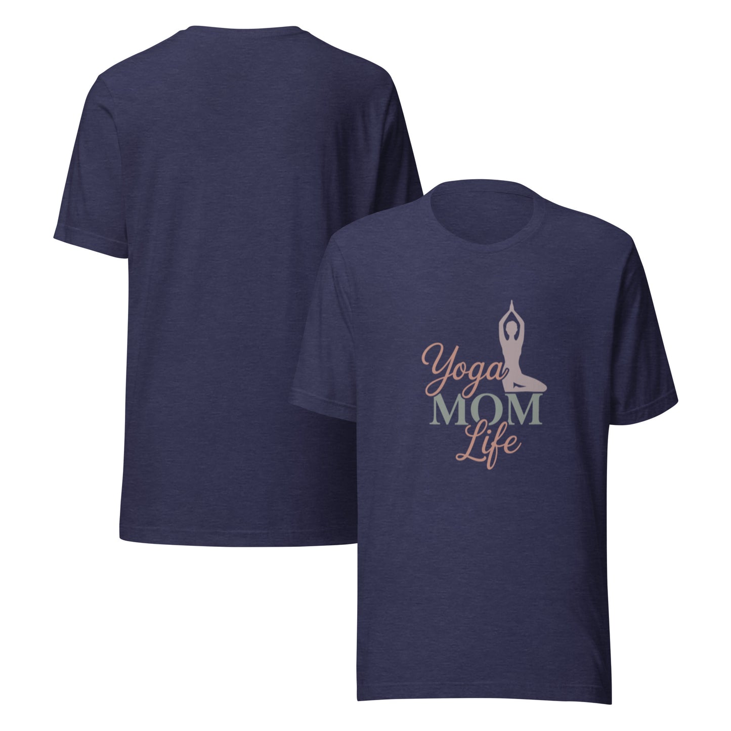 White women's t-shirt with Yoga Mom Life graphic design, soft cotton tee for moms who love yoga