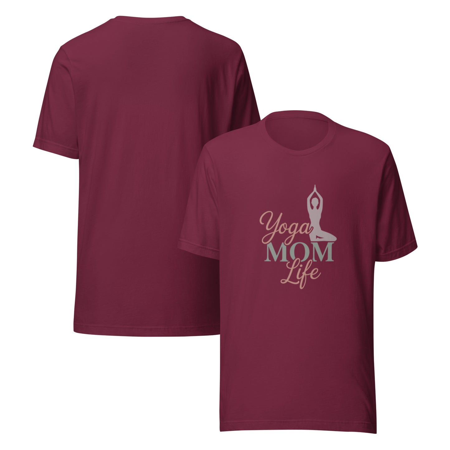 White women's t-shirt with Yoga Mom Life graphic design, soft cotton tee for moms who love yoga