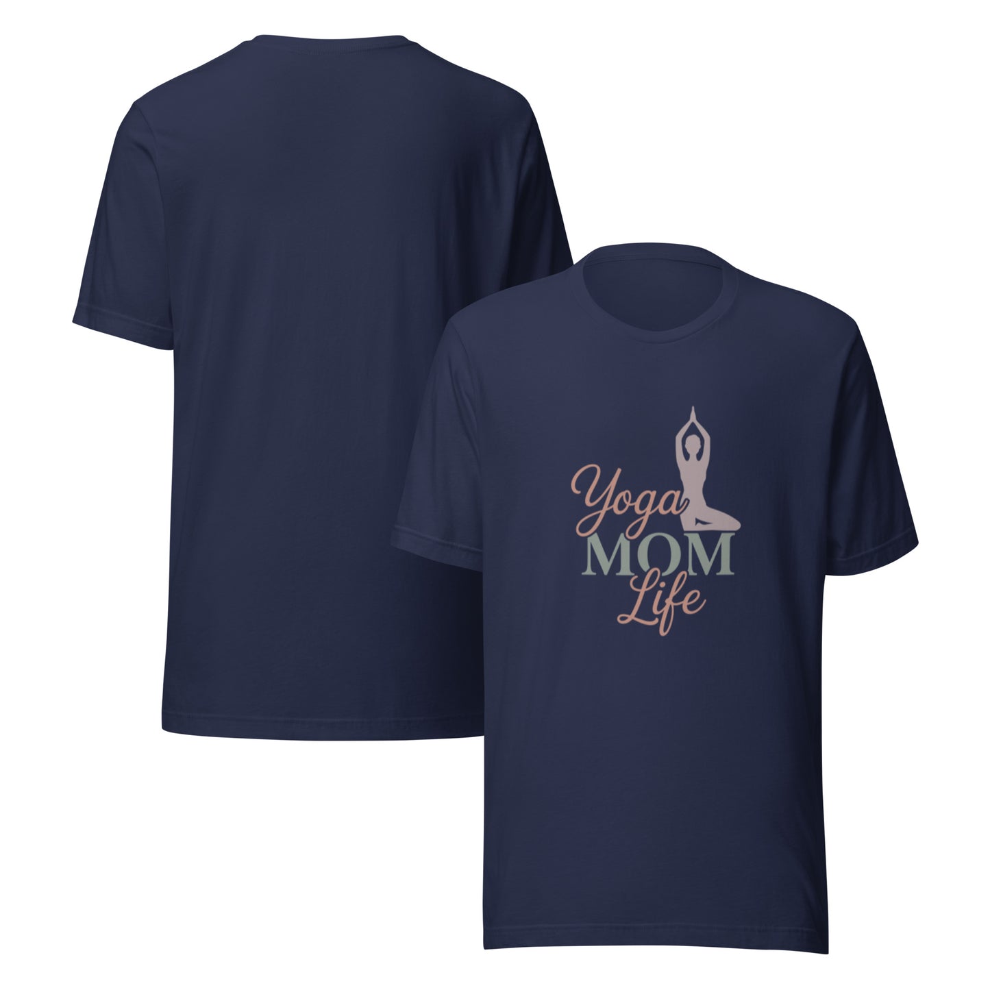 White women's t-shirt with Yoga Mom Life graphic design, soft cotton tee for moms who love yoga