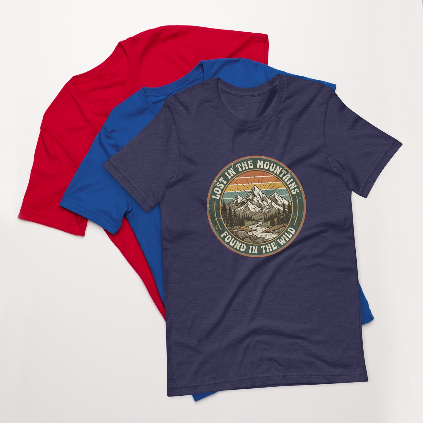 Women's cotton t-shirt with Lost in the Mountains graphic, outdoor adventure tee for hikers
