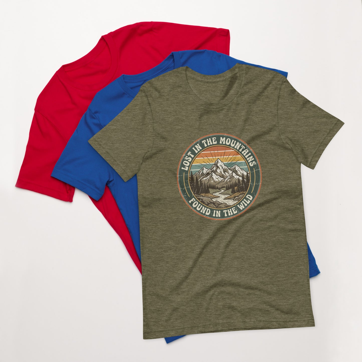 Women's cotton t-shirt with Lost in the Mountains graphic, outdoor adventure tee for hikers