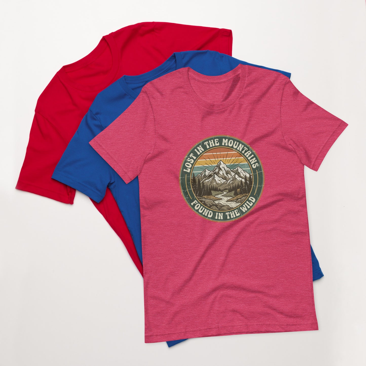 Women's cotton t-shirt with Lost in the Mountains graphic, outdoor adventure tee for hikers