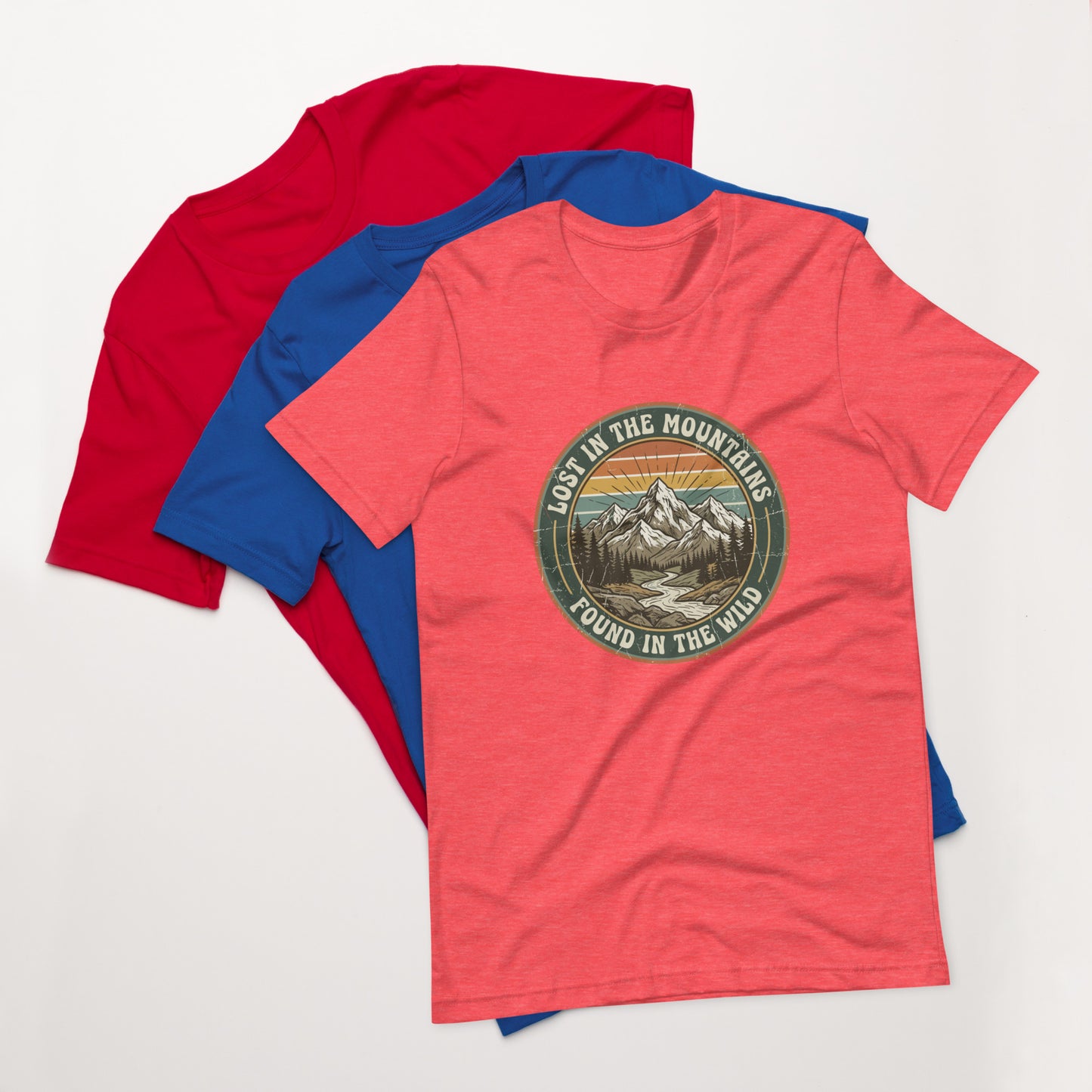 Women's cotton t-shirt with Lost in the Mountains graphic, outdoor adventure tee for hikers