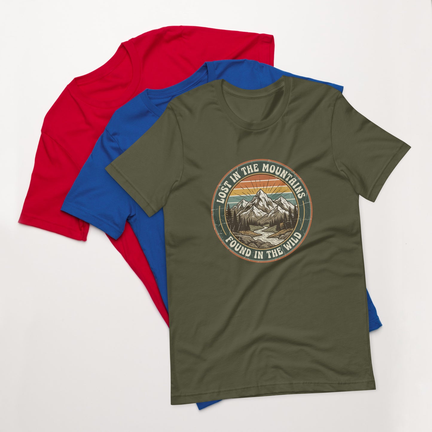 Women's cotton t-shirt with Lost in the Mountains graphic, outdoor adventure tee for hikers
