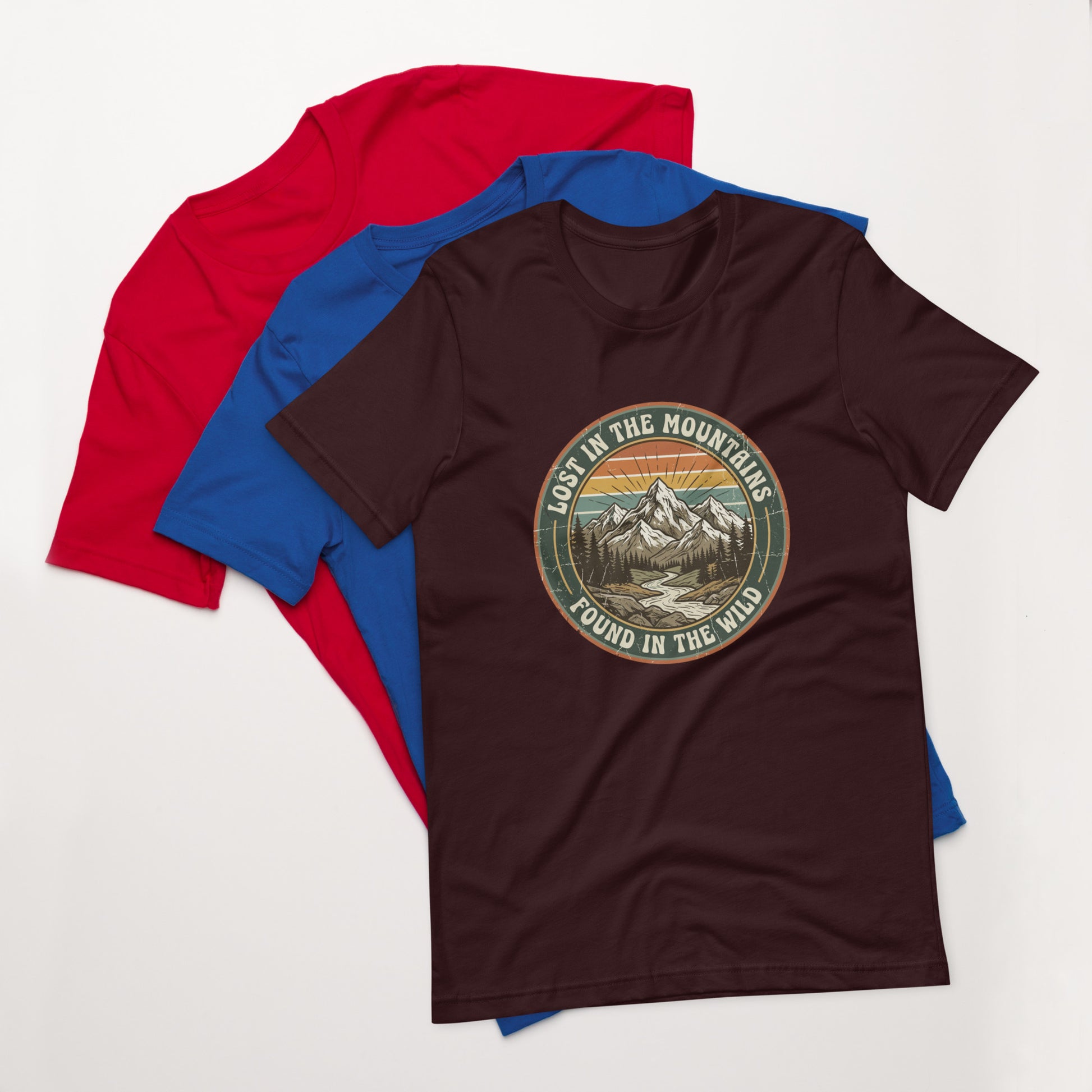 Women's cotton t-shirt with Lost in the Mountains graphic, outdoor adventure tee for hikers