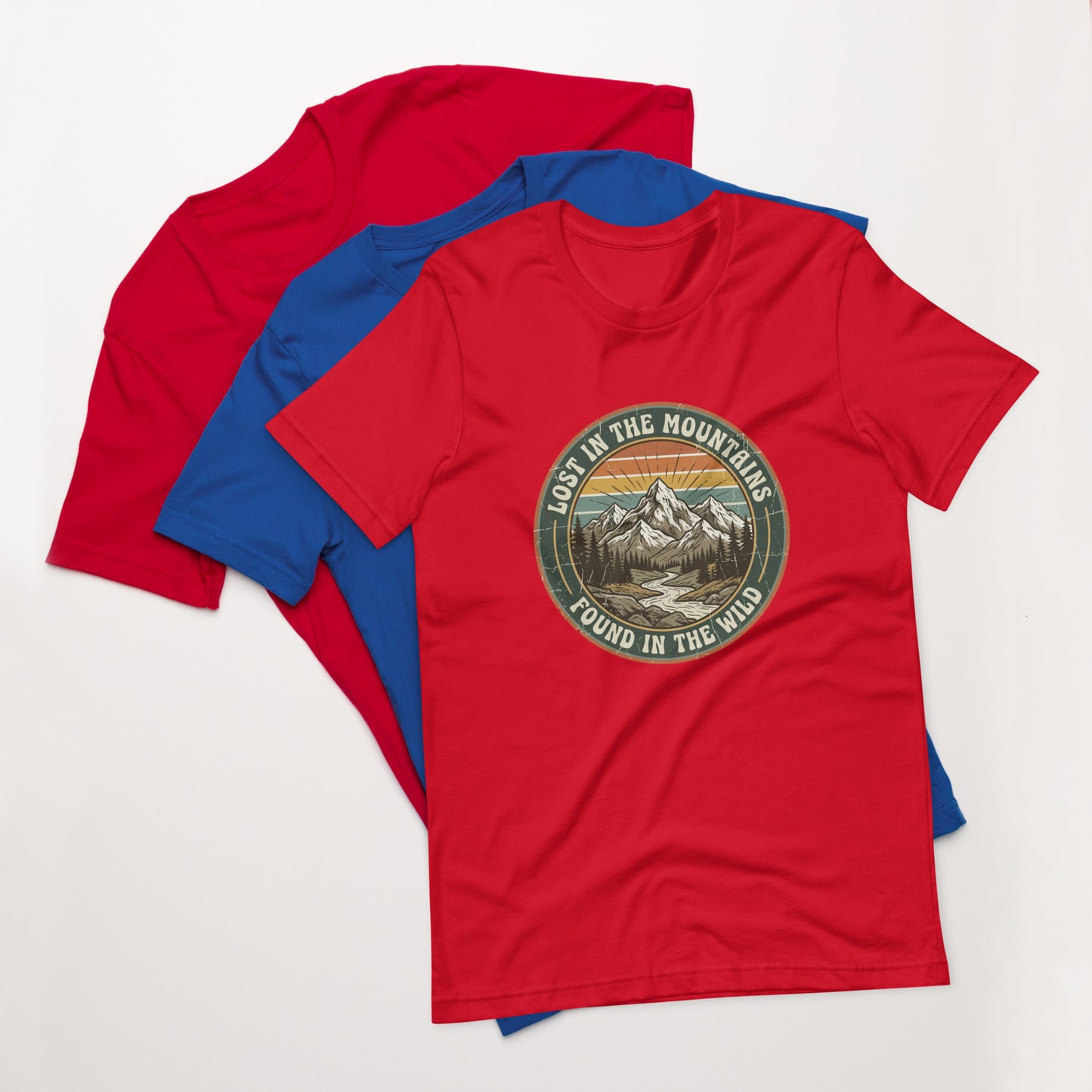 Women's cotton t-shirt with Lost in the Mountains graphic, outdoor adventure tee for hikers