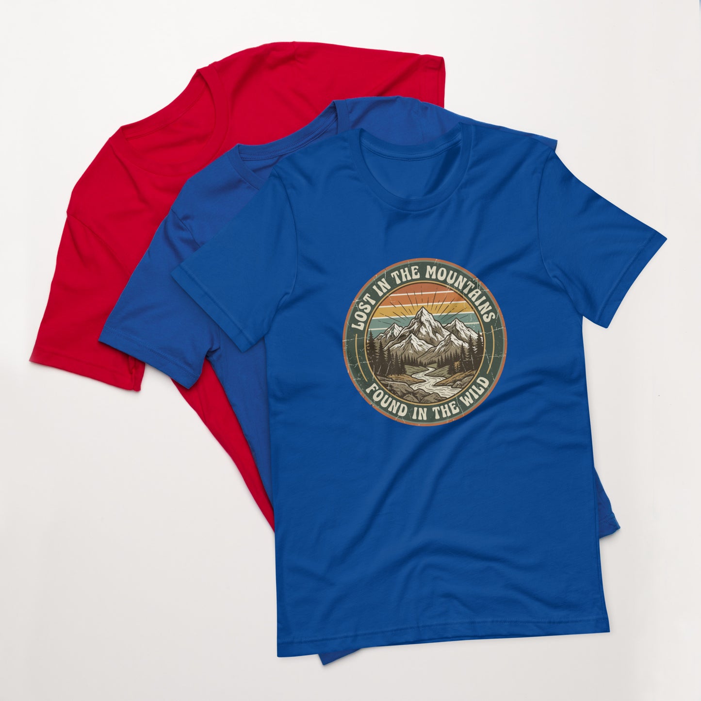 Women's cotton t-shirt with Lost in the Mountains graphic, outdoor adventure tee for hikers