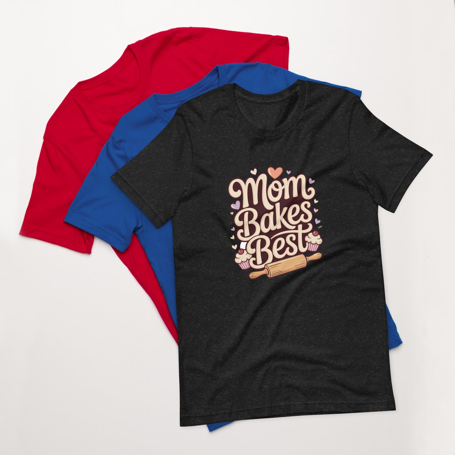 Kids cotton t-shirt with Mom Bakes Best graphic, cute baking themed shirt for children