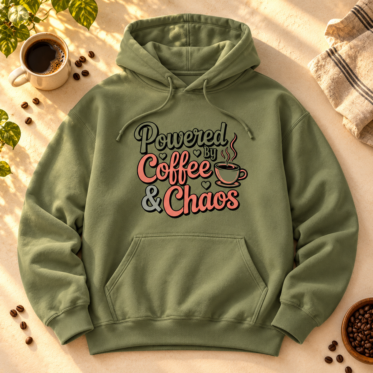 Powered by Coffee & Chaos Unisex Hoodie | Funny Coffee Lover Sweatshirt | Cute Caffeine Lover Gift