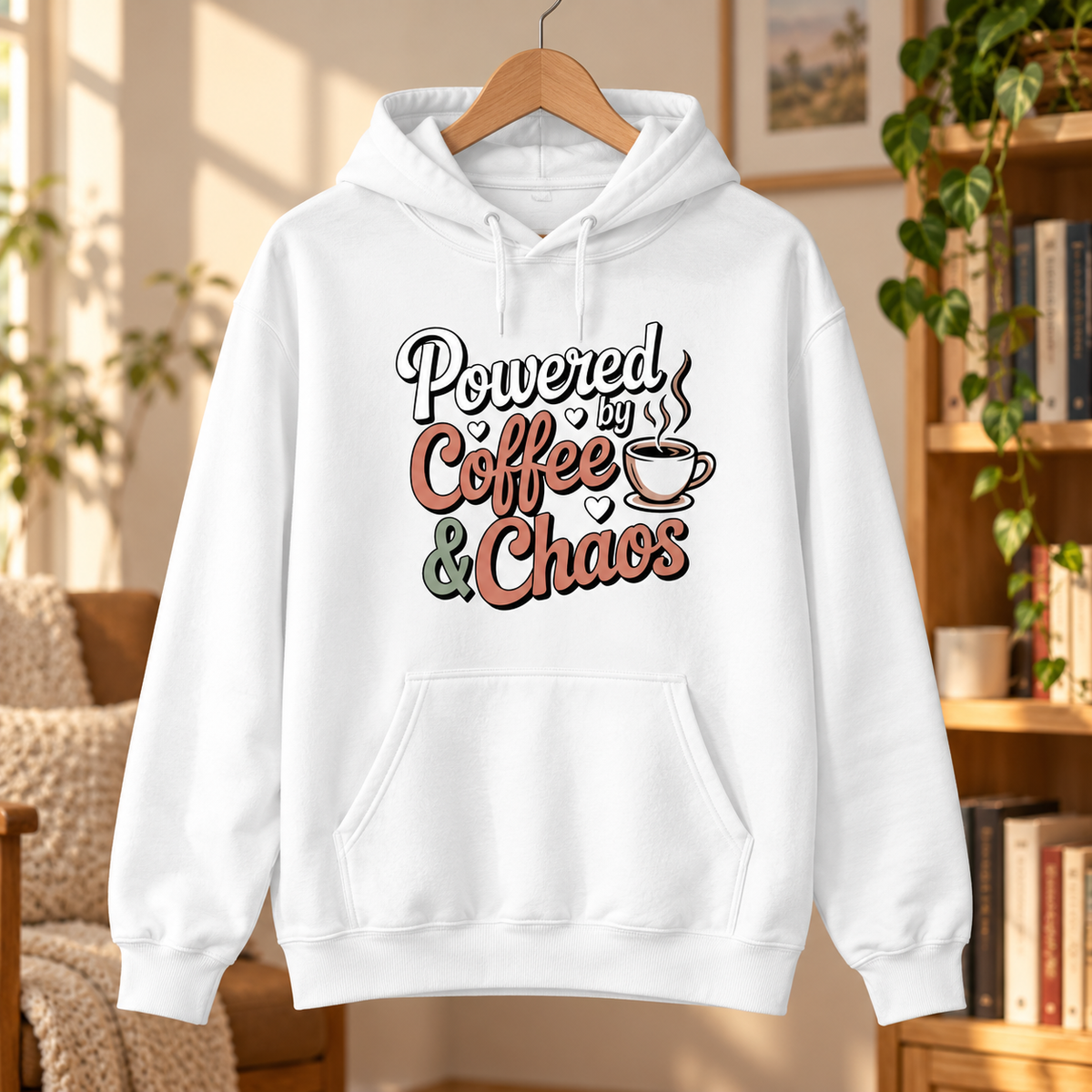 Powered by Coffee & Chaos Unisex Hoodie | Funny Coffee Lover Sweatshirt | Cute Caffeine Lover Gift