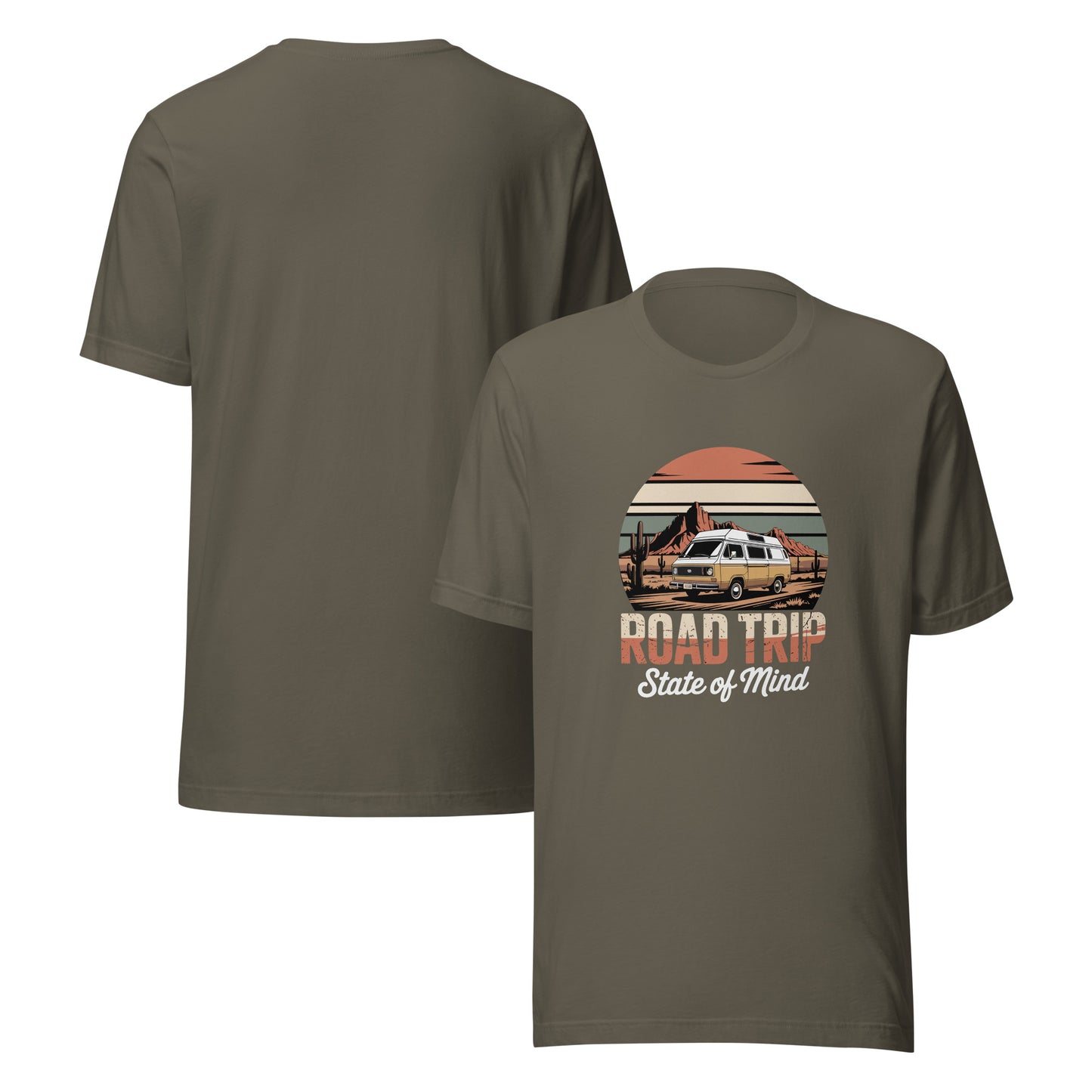 Unisex cotton t-shirt reading Road Trip State of Mind, travel lover graphic tee 