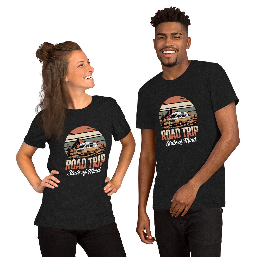 Unisex cotton t-shirt reading Road Trip State of Mind, travel lover graphic tee 