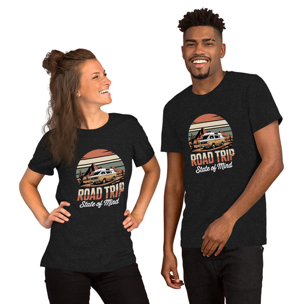 Unisex cotton t-shirt reading Road Trip State of Mind, travel lover graphic tee 
