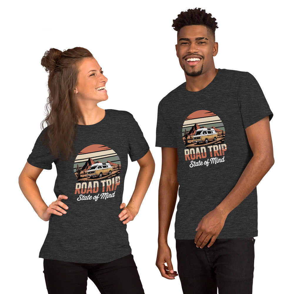 Unisex cotton t-shirt reading Road Trip State of Mind, travel lover graphic tee 