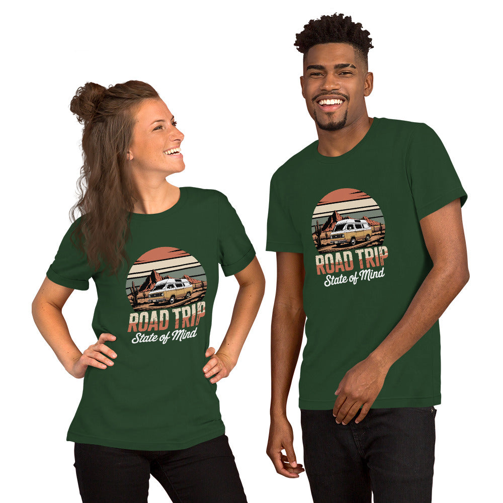 Unisex cotton t-shirt reading Road Trip State of Mind, travel lover graphic tee 