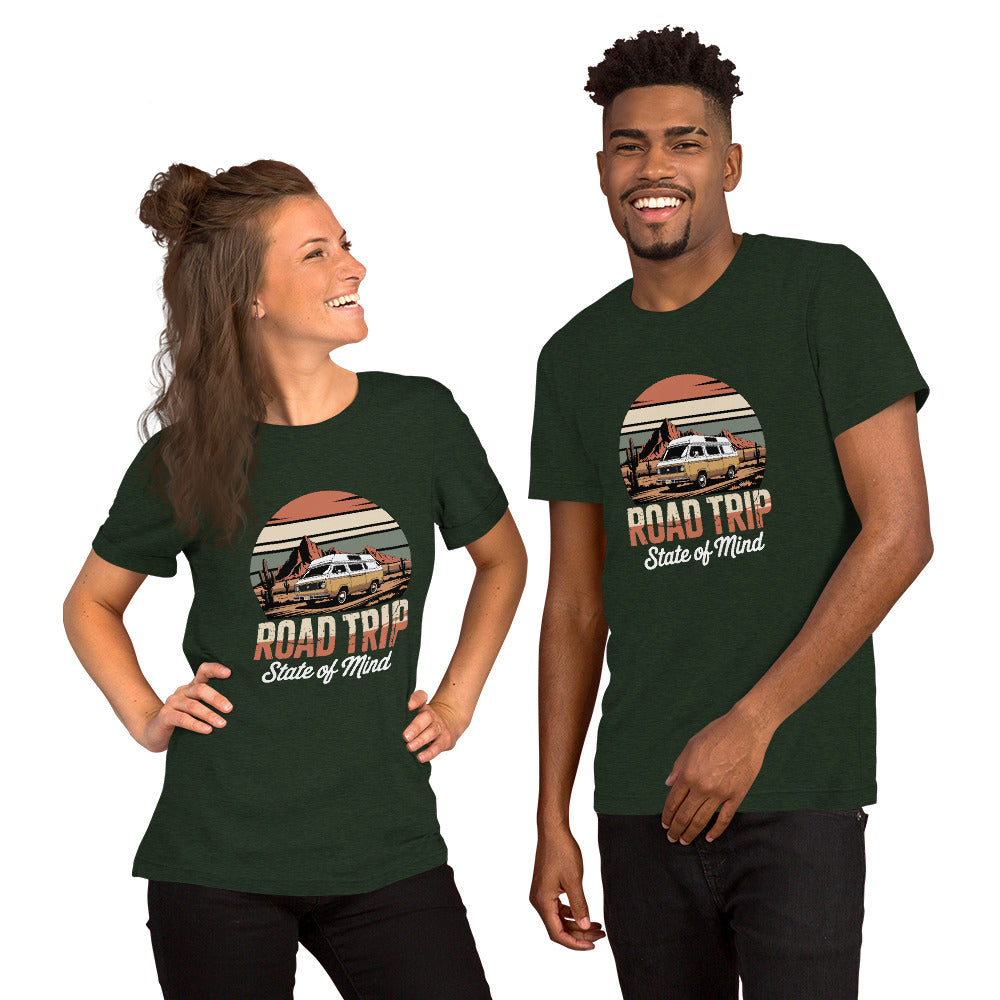 Unisex cotton t-shirt reading Road Trip State of Mind, travel lover graphic tee 