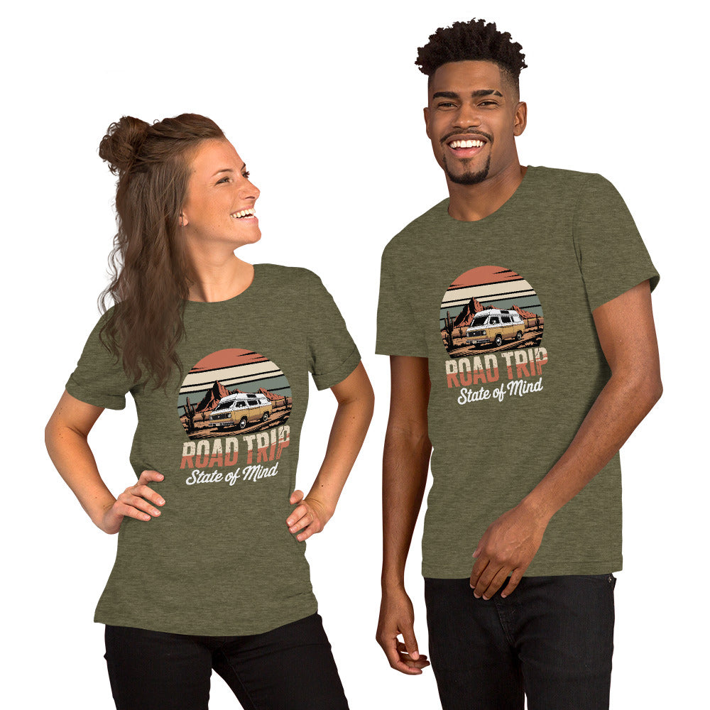 Unisex cotton t-shirt reading Road Trip State of Mind, travel lover graphic tee