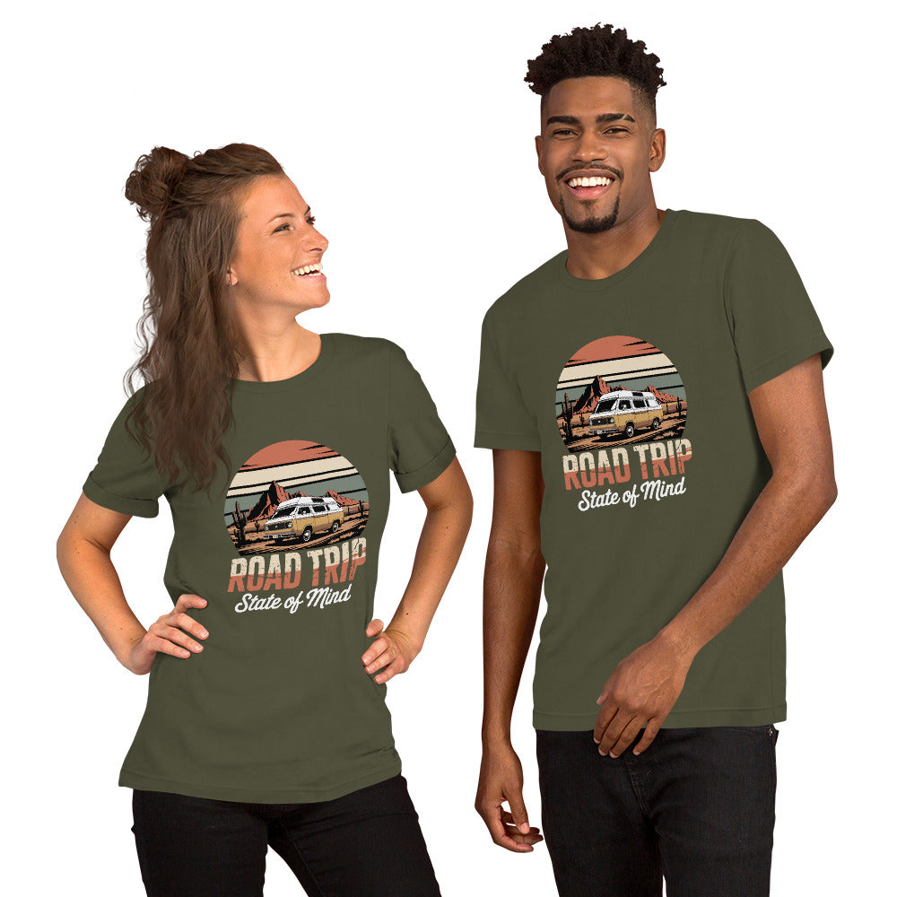 Unisex cotton t-shirt reading Road Trip State of Mind, travel lover graphic tee 