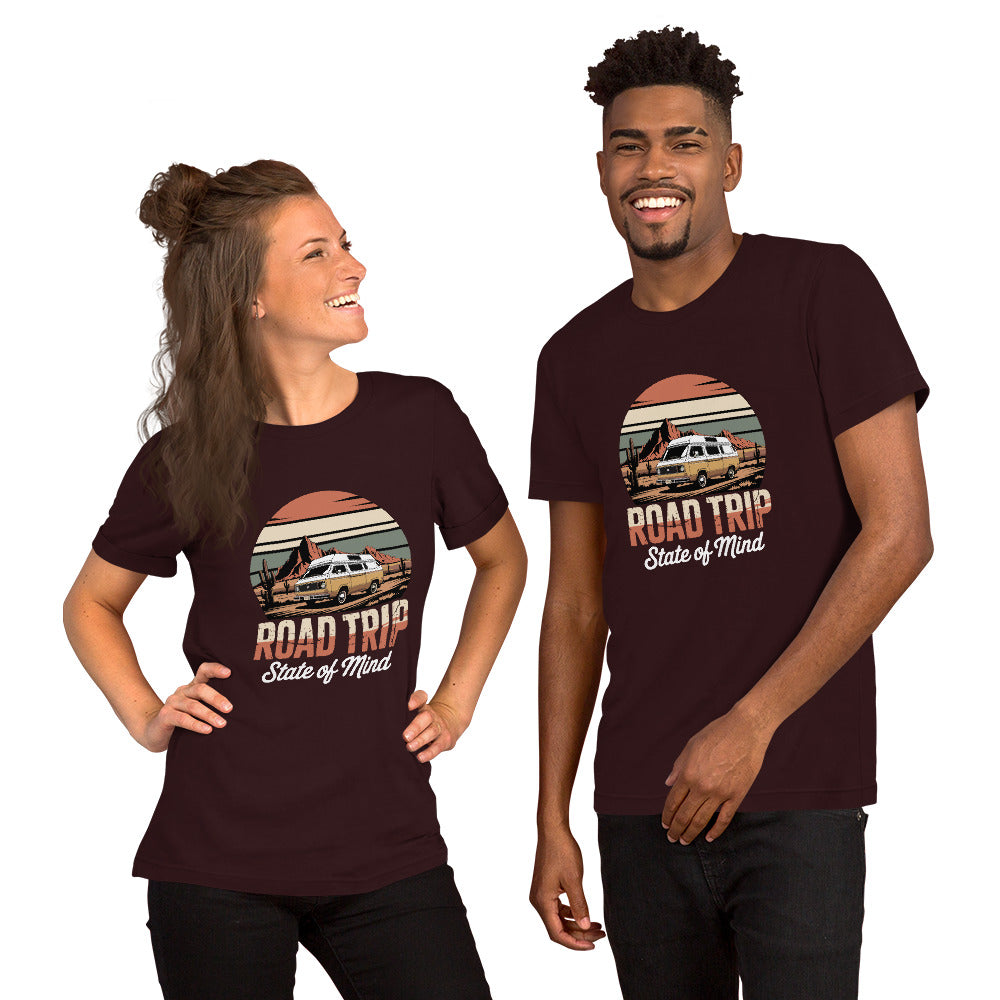 Unisex cotton t-shirt reading Road Trip State of Mind, travel lover graphic tee 