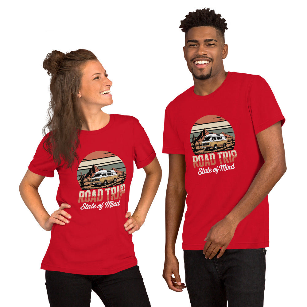 Unisex cotton t-shirt reading Road Trip State of Mind, travel lover graphic tee 