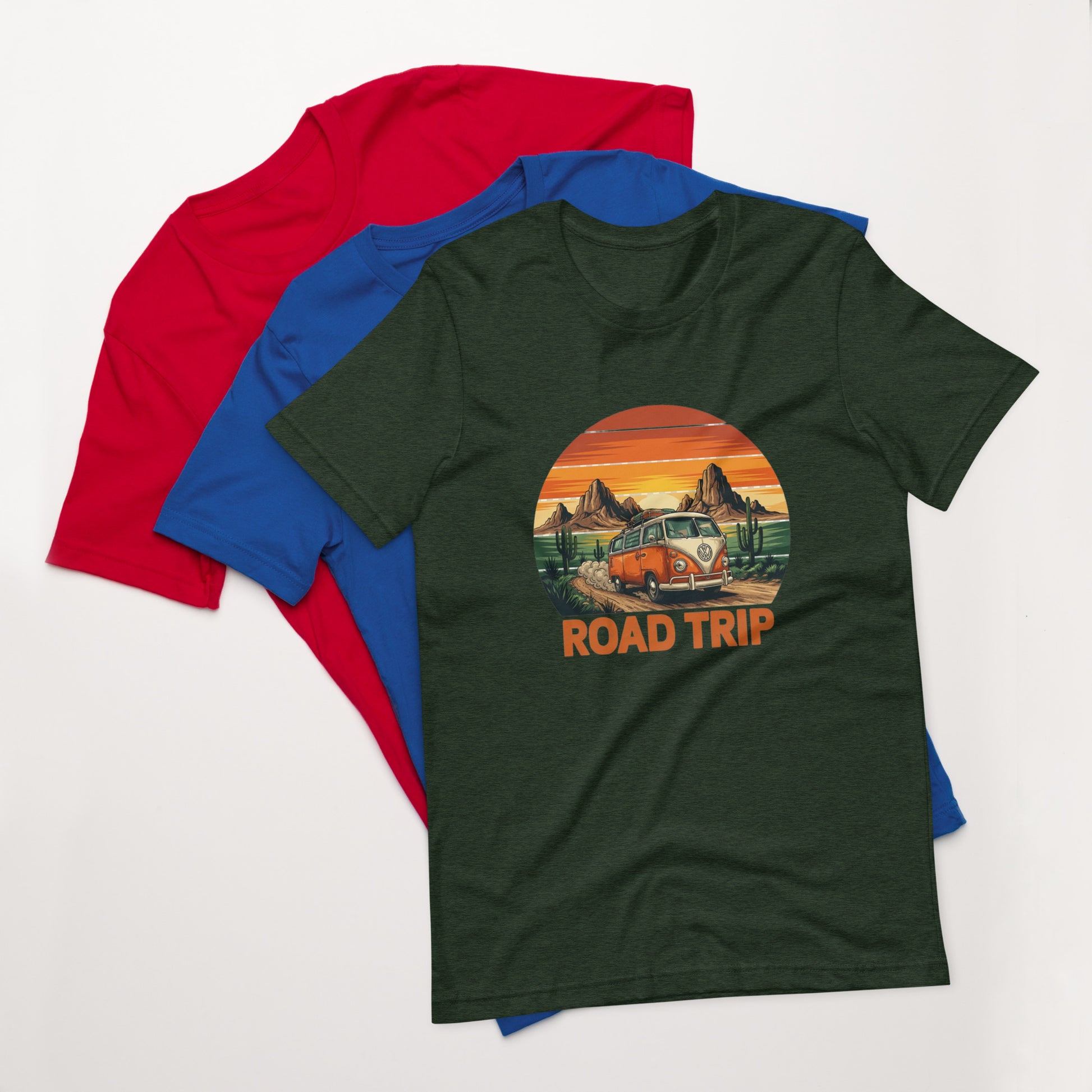 Unisex graphic cotton tee with Road Trip design, adventure shirt for travelers and road warriors